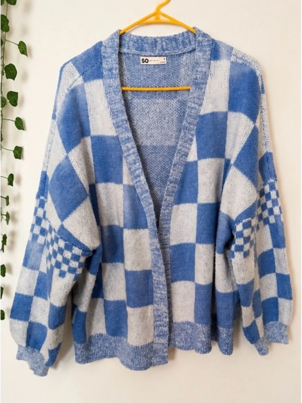 SO Blue White Checkered Cardigan Sweater Medium Oversized Open Front Cozy Knit